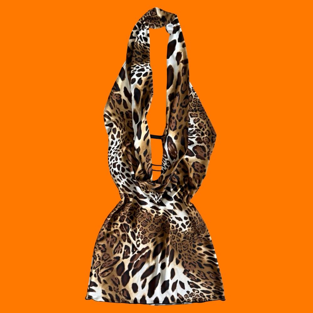 00's vintage leopard print plunging cowl neck backless bodycon y2k mini dress XS